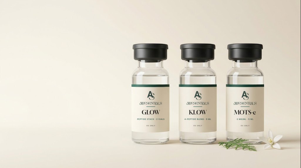 Awesentials GLOW, KLOW and MOTS-c peptide vials, illustrative packaging